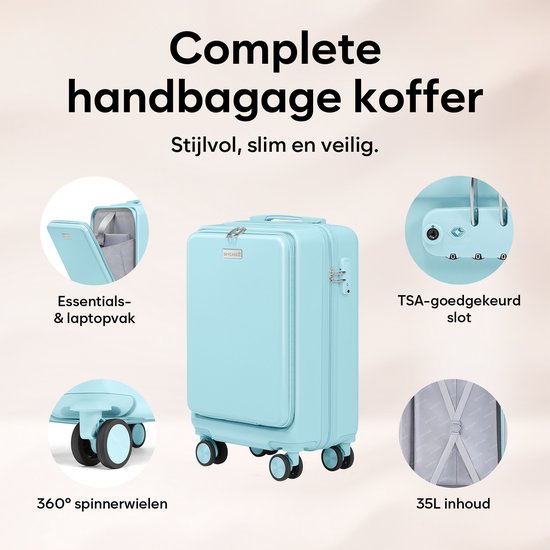 Skycases Hand Luggage Suitcase 35L - Lightweight Trolley - Spinner Wheels - TSA Lock and Laptop Compartment - Travel Suitcase with Handy Front Pocket - 55 cm - Light Blue