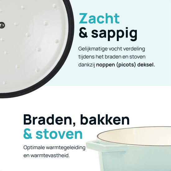 MOA Casserole en fonte - 7,2L - Pour toutes les sources de chaleur y compris l'induction - Avec couvercle - Ø 30cm - Revêtement antiadhésif - Bleu clair