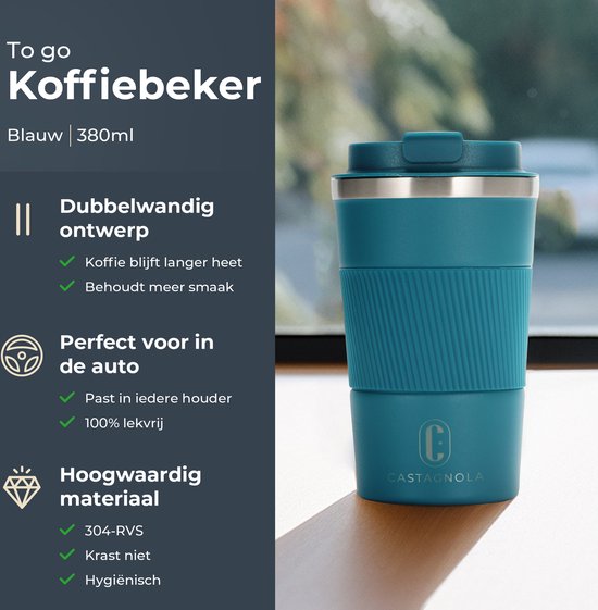 Tasse thermos Castagnola - Tasse à café à emporter - Tasse de voyage pour café et thé - Tasse à thé - 380 ML - acier inoxydable - Bleu