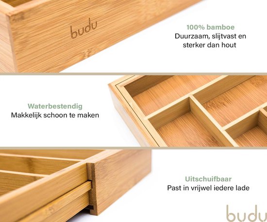 Budu Plateau à couverts extensible en bambou #33.5 (33.5 cm de profondeur) - Cassette à couverts en bois - Tiroir à couverts - 33.5 x 28 - 45 cm - 5/7 compartiments