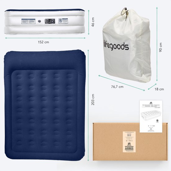 Matelas gonflable – LifeGoods – 2 personnes – pompe intégrée – sac de transport et kit de réparation inclus – blanc/bleu