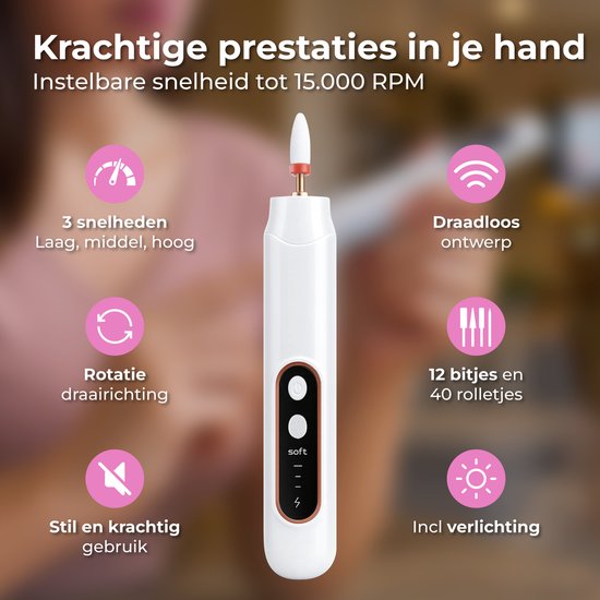 Nuvance Lime à ongles électrique - 15000 RPM - Moulin à ongles - 12 embouts - 40 rouleaux de ponçage - Set Manucure & Pédicure