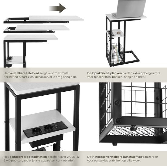 tectake® Table pour ordinateur portable avec station de charge - Prise de courant incluse - Table pour ordinateur en forme de C - Table d'appoint - Table de chevet - Avec porte-journaux et étagère supplémentaire - Blanc