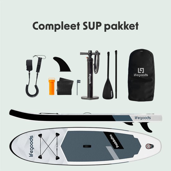 LifeGoods SUP Board All-round Compact - Capacité de charge 100 KG - 300 x 76 cm - Gonflable - Pack SUP complet - Blanc/Noir