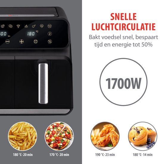 alpina Double Airfryer XL 8L - Friteuse à air chaud pour 4 à 8 personnes - Capacité 2x4L - Affichage digital - Friteuse à air 1700 W - Fonction Sync Finish - Noir