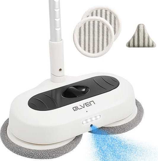 Ølven Balai à franges électrique - sans fil - nettoyeur de sols - fonction spray - éclairage LED - 50W - réglable - blanc