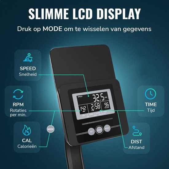 Rameur Flowsense - Rameur pliable - Silencieux - Rameur magnétique - Entraîneur de rame - 16 niveaux de résistance - Moniteur LCD