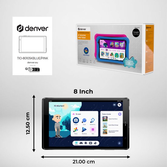 Tablette Denver pour enfant - Android 13 - Contrôle parental - 4GB RAM - 64GB mémoire interne - 8 pouces - . Etui pour tablette bleu et rose - TIO80105K