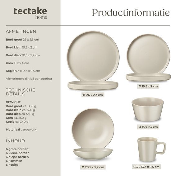 tectake® Ensemble de vaisselle Una - 30 pièces - Faïence - 6 personnes - Vaisselle élégante et durable - Ensemble d'assiettes avec grandes et petites assiettes, bols, coupes - Taupe