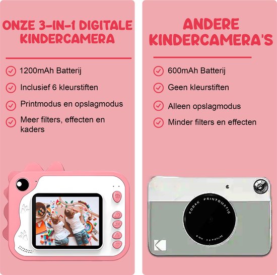 K&L® 3 IN 1 Digital Kids Camera + Instant print + play camera - 32GB micro sd card - camera kids - Vlog camera with games - Photo camera for kids - Small size toy - With video function - Pink