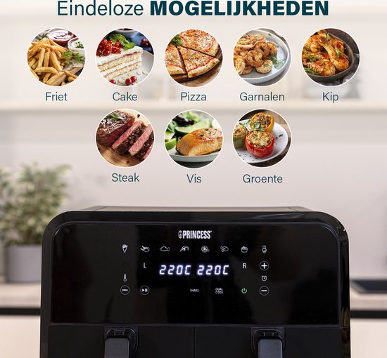 Princess Double Panier Airfryer 182068 - Friteuse à air double - 2 paniers x 4 litres - 8 programmes préprogrammés - Écran tactile - Noir