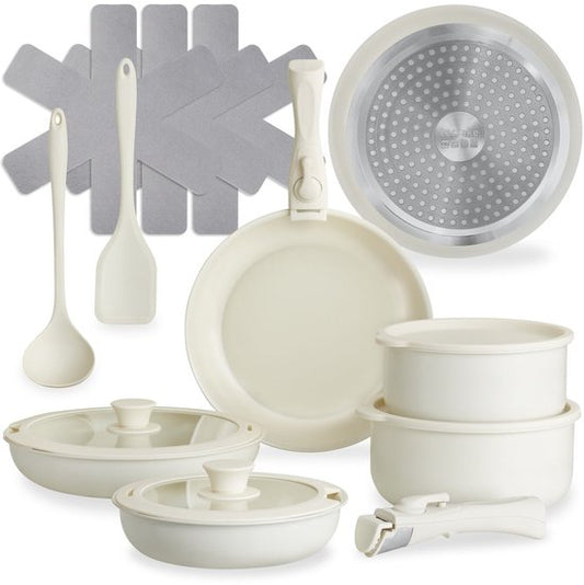 tectake® Ensemble de casseroles modernes 16 pièces - 3 poêles à frire - 2 poêles de cuisson - Convient à l'induction - Comprend des couvercles, des poignées amovibles et des protections - Poêles en aluminium avec revêtement antiadhésif en céramique - Conv