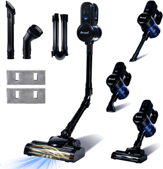 Saaf G90M Aspirateur à manche avec fonction serpillière - set de 8 pièces avec manche pliable - 26.5Kpa - Aspirateur sans sac - 200W - Sans fil - Noir