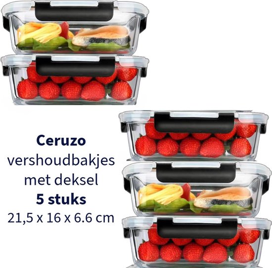 Ceruzo Meal Prep Trays - 5 pièces Plateaux fraîcheur - Verre borosilicaté - hermétique - 21,5 x 16 x H6,6 cm