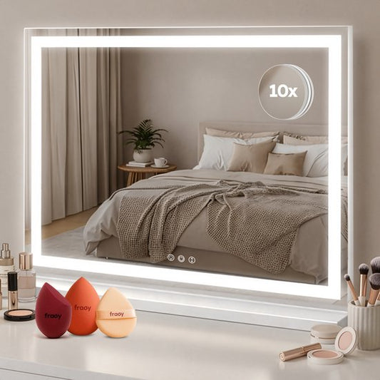 Fraay® Hollywood Mirror with Lighting 60x50cm - 3 Light Stages - Make-up Mirror with 10x Magnification Mirror - LED Strip Lighting Dimmable - Incl. 2 Beauty Blenders and Powder puff