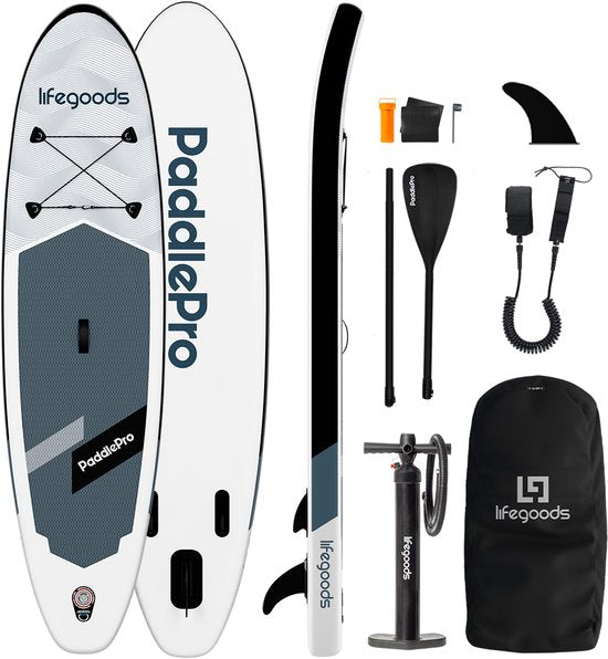 LifeGoods SUP Board All-round Compact - Capacité de charge 100 KG - 300 x 76 cm - Gonflable - Pack SUP complet - Blanc/Noir