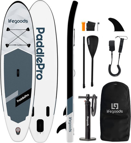 LifeGoods SUP Board All-round Compact - Capacité de charge 100 KG - 300 x 76 cm - Gonflable - Pack SUP complet - Blanc/Noir