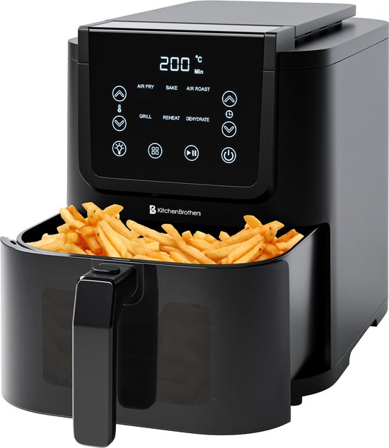 KitchenBrothers Airfryer XL - 5L - 1500W - Friteuse à air chaud - 60ºC à 200ºC - Petit design - Extra silencieux - 6 Programmes de cuisson - Noir