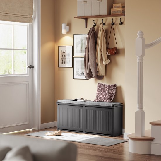 SoBuy Banc à chaussures avec coussin rembourré - Meuble à chaussures avec 2 abattants - Meuble de rangement pour chaussures - Noir, 100x26x46 cm, FSR98-XL-SCH
