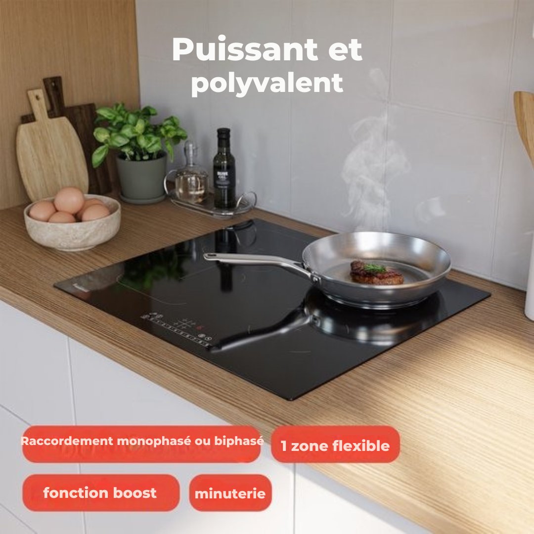 Plaque de cuisson à induction KitchenBrothers - Plaque de cuisson à induction autoportante - 60 cm - 4 zones - 1x Flexzone - 1 phase - Jusqu'à 3500W - Argent/RVS