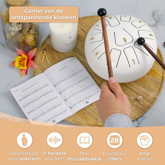 Nuvance - Handpan - Livret de cours, doigtiers et sac de rangement inclus - Tambour de langue - Tambour de handpan - Tambour de langue en acier - Blanc