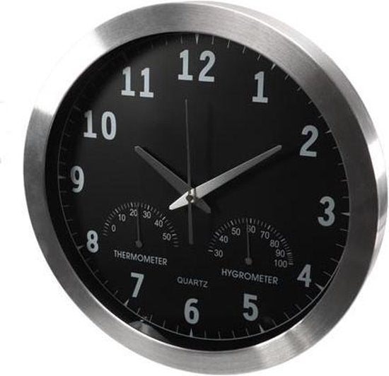 Perel Horloge murale, ronde, analogique, 35,5 cm, affichage de l'heure radio-piloté (DCF), avec thermomètre et hygromètre, aluminium, argent