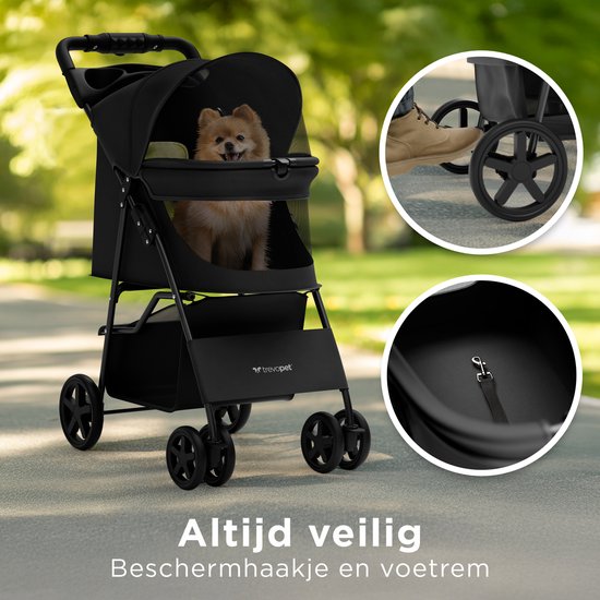 TrevoPet® Poussette pliable pour chien - Pour les petits et moyens chiens jusqu'à 15 kg - Poussette avec porte-gobelet et grand panier de rangement - Noir
