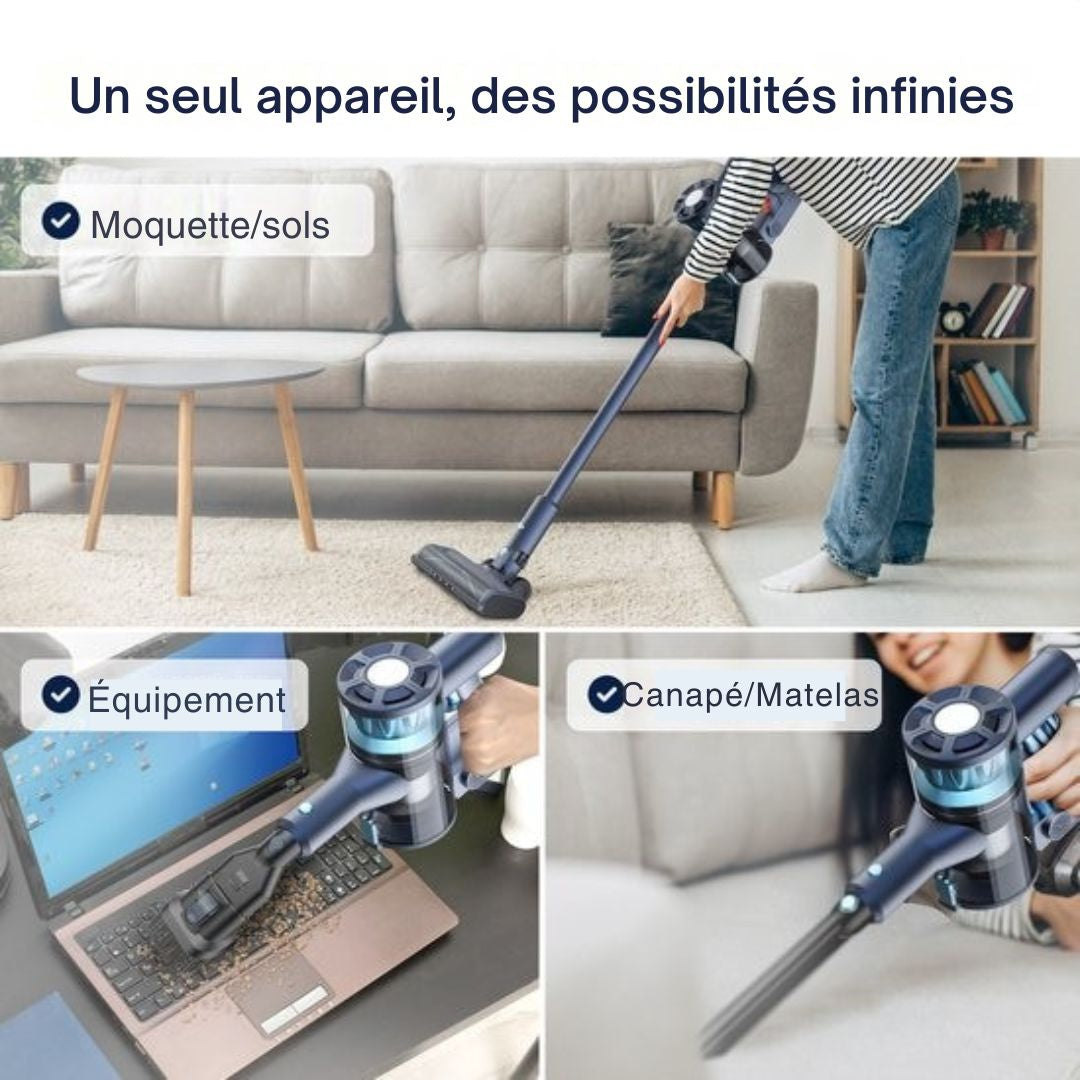 Aspirateur bâton sans fil - Samako - CleanDetect Lite 250W - 2 accessoires - Pas de sac sur la batterie - bleu foncé