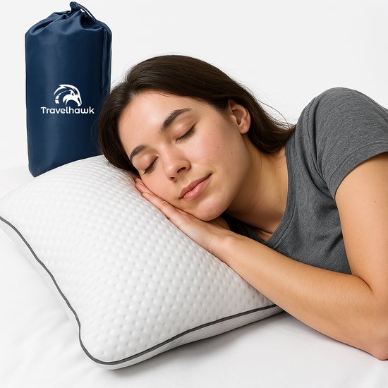 Travelhawk Oreiller de voyage - Oreiller de camping - Oreiller de cou - Mini oreiller - Mousse à mémoire de forme - Sac de rangement inclus - Compact et respirant - 55x36x11cm
