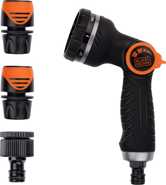Tête d'arrosage BLACK+DECKER avec 3 raccords pour tuyau d'arrosage - Débit d'eau réglable - Plastique - Noir/Orange