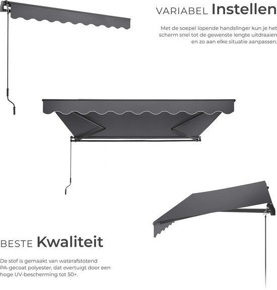 tectake® Sunshade with Articulated Arm - 300 x 250 cm - Store - Protection solaire pour fenêtre, balcon, extérieur - Fixation murale - Résistant à l'eau et aux UV - Gris foncé