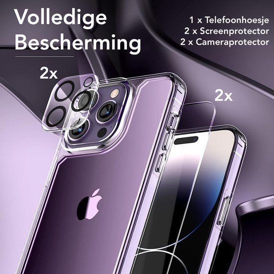 Podec Case Transparent - Bundle with 2x Screen Protector + 2x Camera Protector - Phone Case with Protective Glass - Case Transparent - Suit pour iPhone 14 pro max