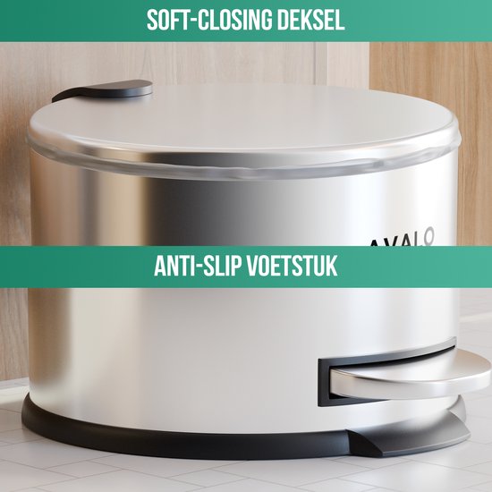 Avalo Pedal Bin Trash 30L - Stainless Steel Silver - Soft Close - Pedal Bin 30 Liter - Trash 30 Liter