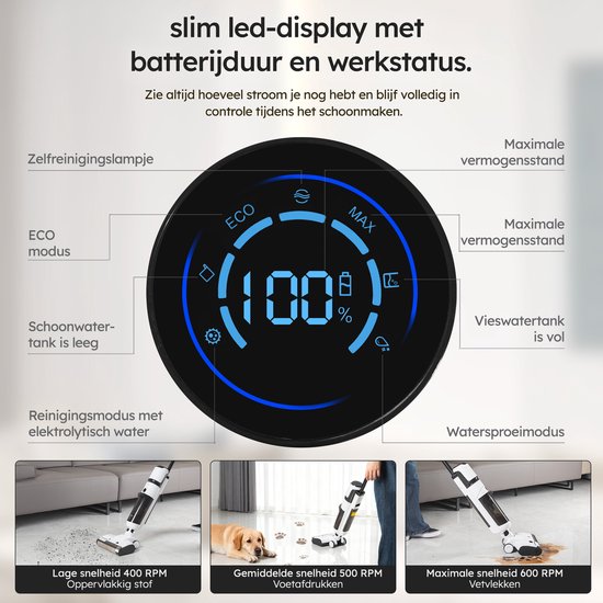 Saaf Floor Cleaner M200 - Batterie 45 min - Balai électrique - Balai à franges avec fonction balayage - Station d'affichage et de nettoyage - Stérilisation à l'eau - Blanc