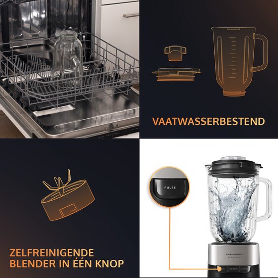 JAP Appliances AeroBlend - Mixeur puissant (1000W) avec 8 vitesses et 3 réglages - Grand pichet en verre de 1,5 litre - Bouchon doseur 20-40ml - Smoothie maker - Broyeur à glace - Noir