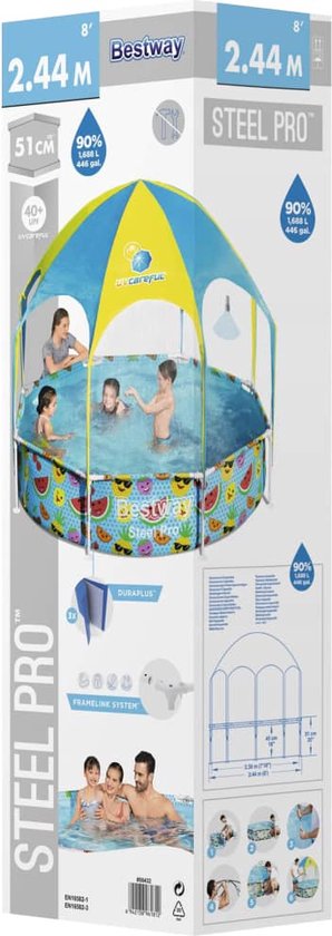 Bestway Steel Pro Kids' Pool - Parasol UV et pulvérisateur d'eau rafraîchissante - 244x51 cm
