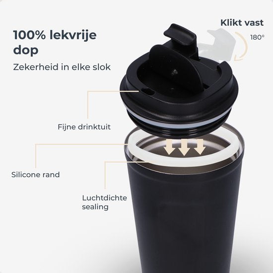 Mug thermos Castagnola - Tasse à café à emporter - Mug de voyage pour le café et le thé - Mug à thé - 380 ML - acier inoxydable - Noir