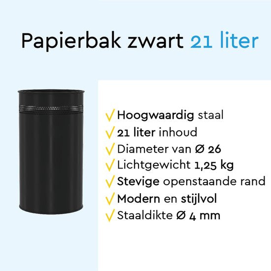 BRASQ Trashcan Metal Office/Home Use - Poubelle - Corbeille à papier - Rond - Poubelles - Noir 21 litres