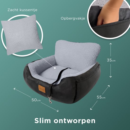 Siège auto pour chien CozySense® - Panier auto pour chien avec sangle de sécurité et compartiment de rangement - Pour petit chien - Siège avant ou arrière - Noir/Gris