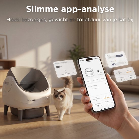 TrevoPet® Air - Bac à litière automatique avec application - autonettoyant et sûr - pour chats jusqu'à 12 kg - tapis, 60 sacs à déchets et accessoires inclus - poubelle de 10 litres - blanc et gris