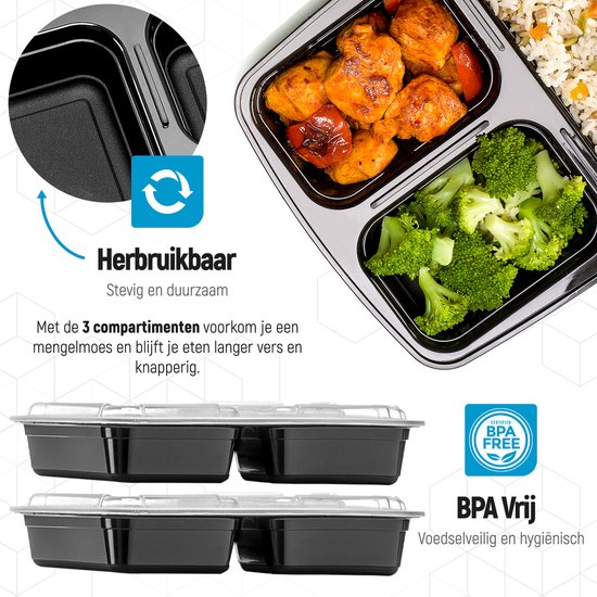 Fitcrafters Meal Prep Trays - Plateaux fraîcheur - Plateaux congélation - 14 pièces - 3 compartiments - 1L - sans BPA