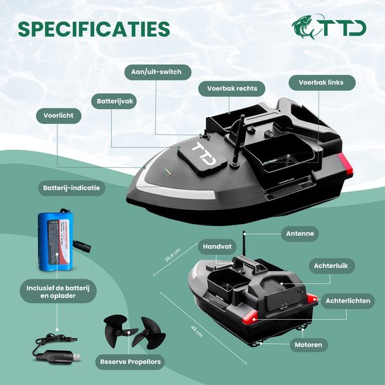 TTD® Premium GPS Feed Boat pour la pêche à la carpe - Portée de 500 mètres - Régulateur de vitesse - Déverrouillage de l'hameçon - 40 positions GPS - Trois bacs d'alimentation - Capacité de 2 kg - Batterie 12000 mAh - Bateau de pêche - Bateau de pêche à l