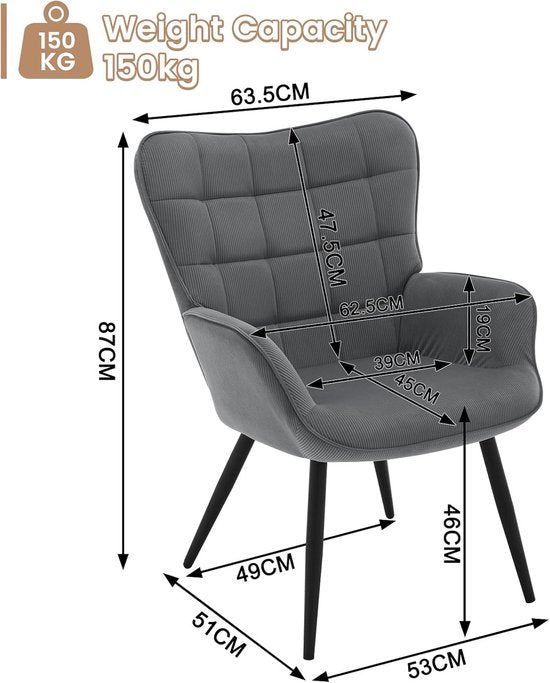 WOLTU Wing Chair, Moderne, Fauteuil de relaxation, Fauteuil TV, Confortable, Fauteuil de lecture, Salon, Fauteuil, Fauteuil de relaxation, Pieds en métal, Fauteuil