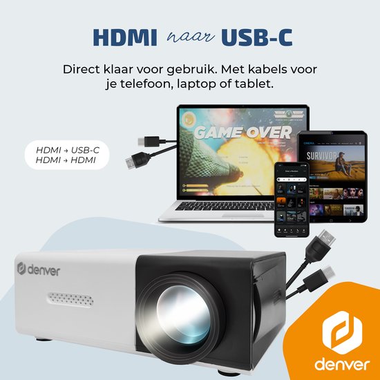 Denver Mini Beamer - Full HD 1920*1080P - 30 ANSI Lumen - Projecteur - Home Cinema - HDMI - USB-C - PR1000