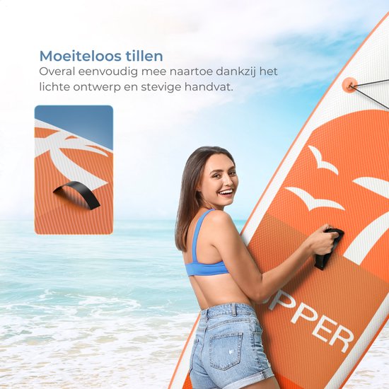 Supper Sup Board XL - Max. 220KG - Gonflable - Planche à pagaie - Étui étanche pour téléphone portable - Pompe - Palme - Leash - Sac de transport - 335 x 81 cm - Orange