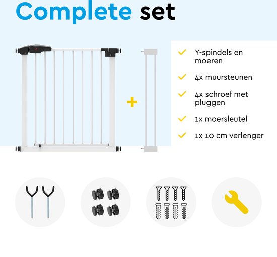 BRASQ Barrière d'escalier sans perçage - Barrière de sécurité - Barrière pour enfants avec extension 75 à 93 cm - Extensible - Fixation par pince - Métal - Barrière pour chiens - Blanc