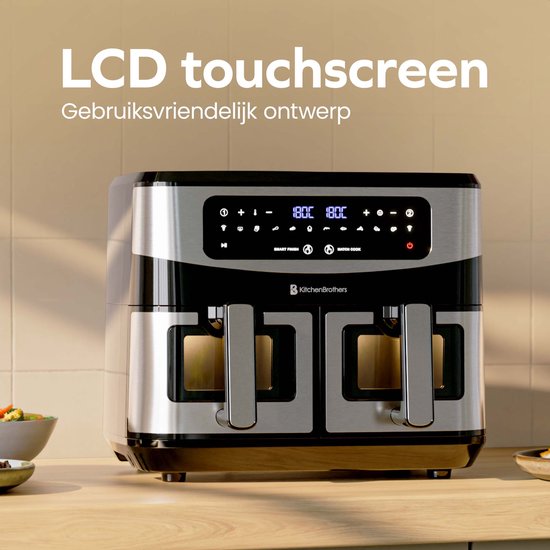 KitchenBrothers Double Airfryer - 2400W - Dual Zone - 9L - Friteuse à air chaud - Airfryer XXL - 2 x 4.5L - 10 Programmes de cuisson - inox/noir