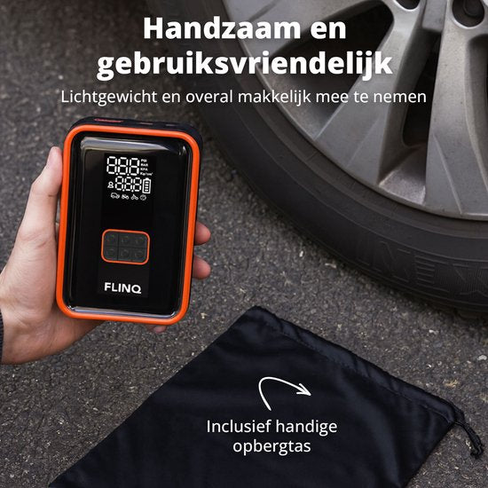 FlinQ 12V Jumpstarter for Car & Motorbike - 4-in-1 Air Compressor, LED Flashlight, SOS Emergency Light & Powerbank - Electric Tyre Pump - Starting Aid - Including Storage Bag