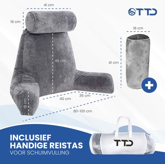 TTD® Premium XXL Coussin de lecture avec rouleau pour la nuque - Siège de lecture - Coussin de lecture pour le lit - Coussin de siège ergonomique avec rembourrage réglable - Coussin de livre - Comprend un mini-coussin supplémentaire - Velouté et doux - Ho