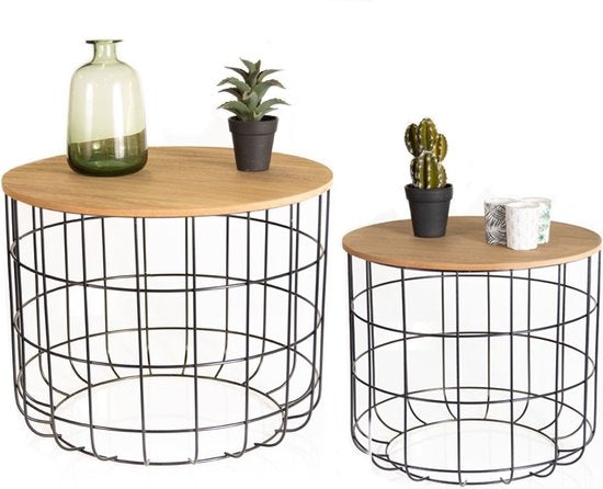 LIFA LIVING Table d'appoint moderne - Lot de 2 - Noir - Métal et bois - Rond - Plateau amovible - Panier de rangement - Stable